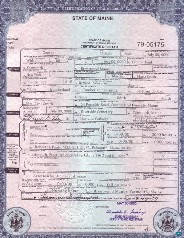 Download USA Maine state death certificate template in PSD format Photoshop template